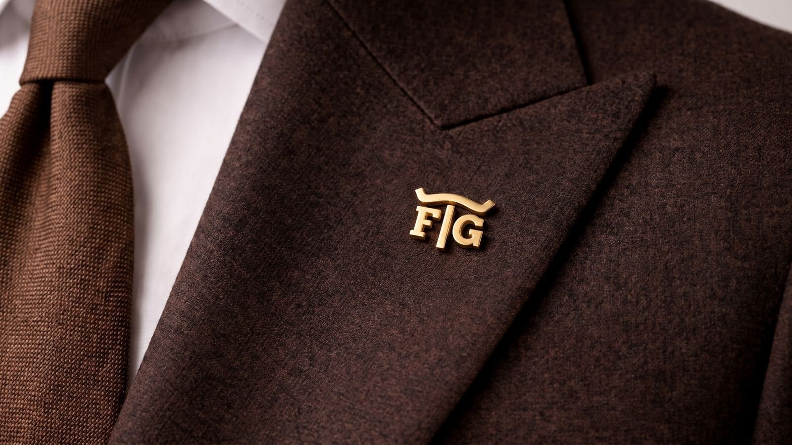 Pin dourado do FTG na lapela do paletó